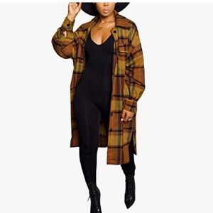 Women's Lounge Lapel Button Up Long Sleeve Plaid Long Shirt Jacket Shacket